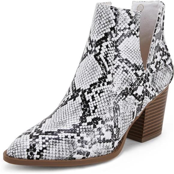 Womens Pointed Toe Stacked Mid Heel Ankle Boots V Cut Faux Leather Booties - Picture 1 of 7